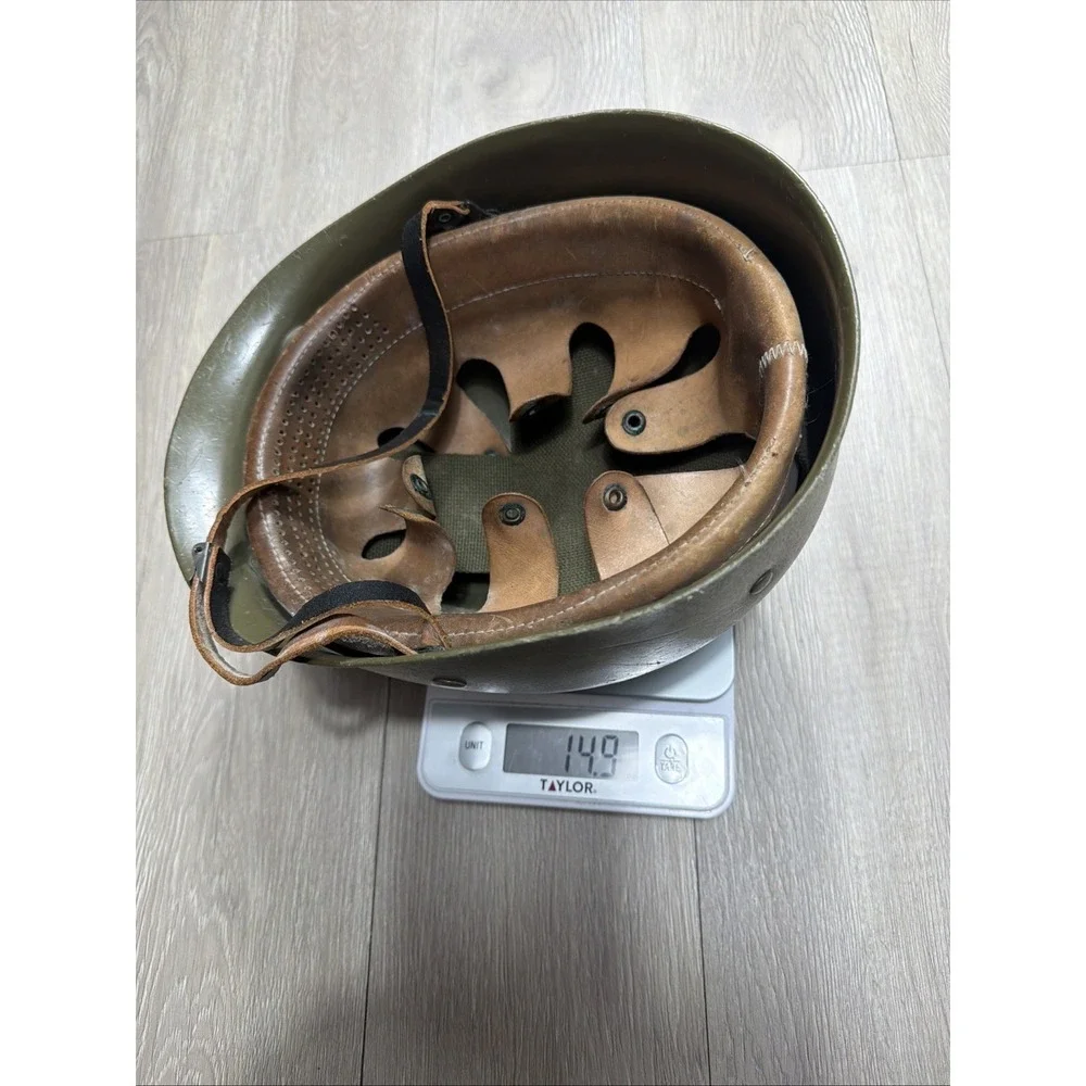 Vintage Military‎  Helmet With Leather Chinstrap & Lining Green Rare!!